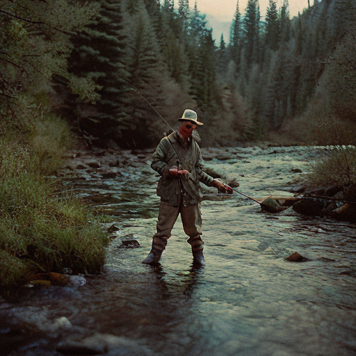 fly fisher in river with fly pole